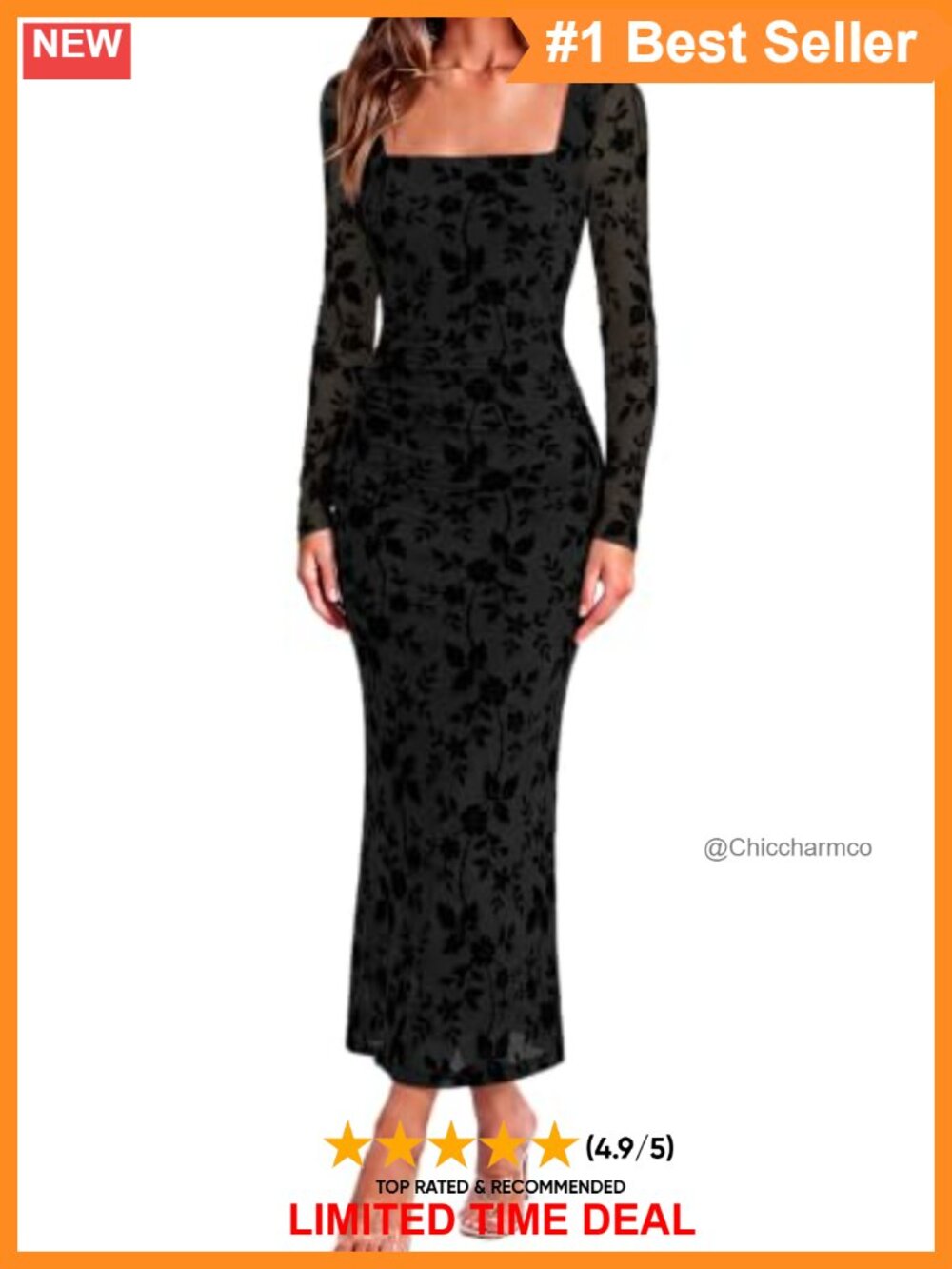Floral Mesh Midi Dress Square Neck Long Sleeve Bodycon Ruched